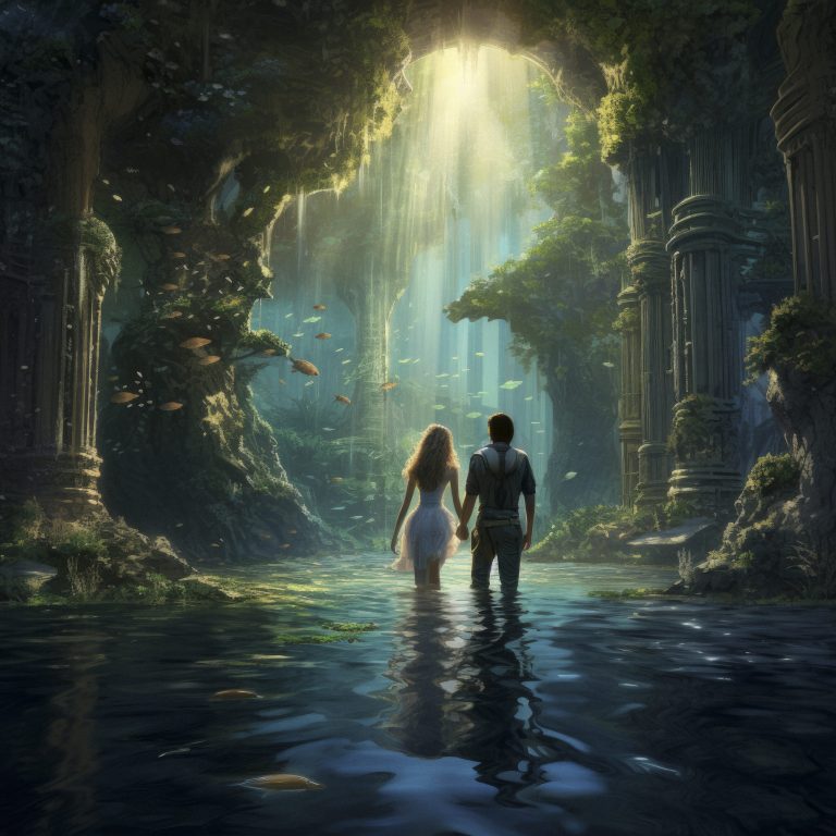 water surrounding the couple, in the style of fantasy worlds, uhd image, detailed world-building, passage, romantic whimsy, romantic emotion --v 5.2 Job ID: 238c3e3b-d510-4da0-ab30-ed134399183b